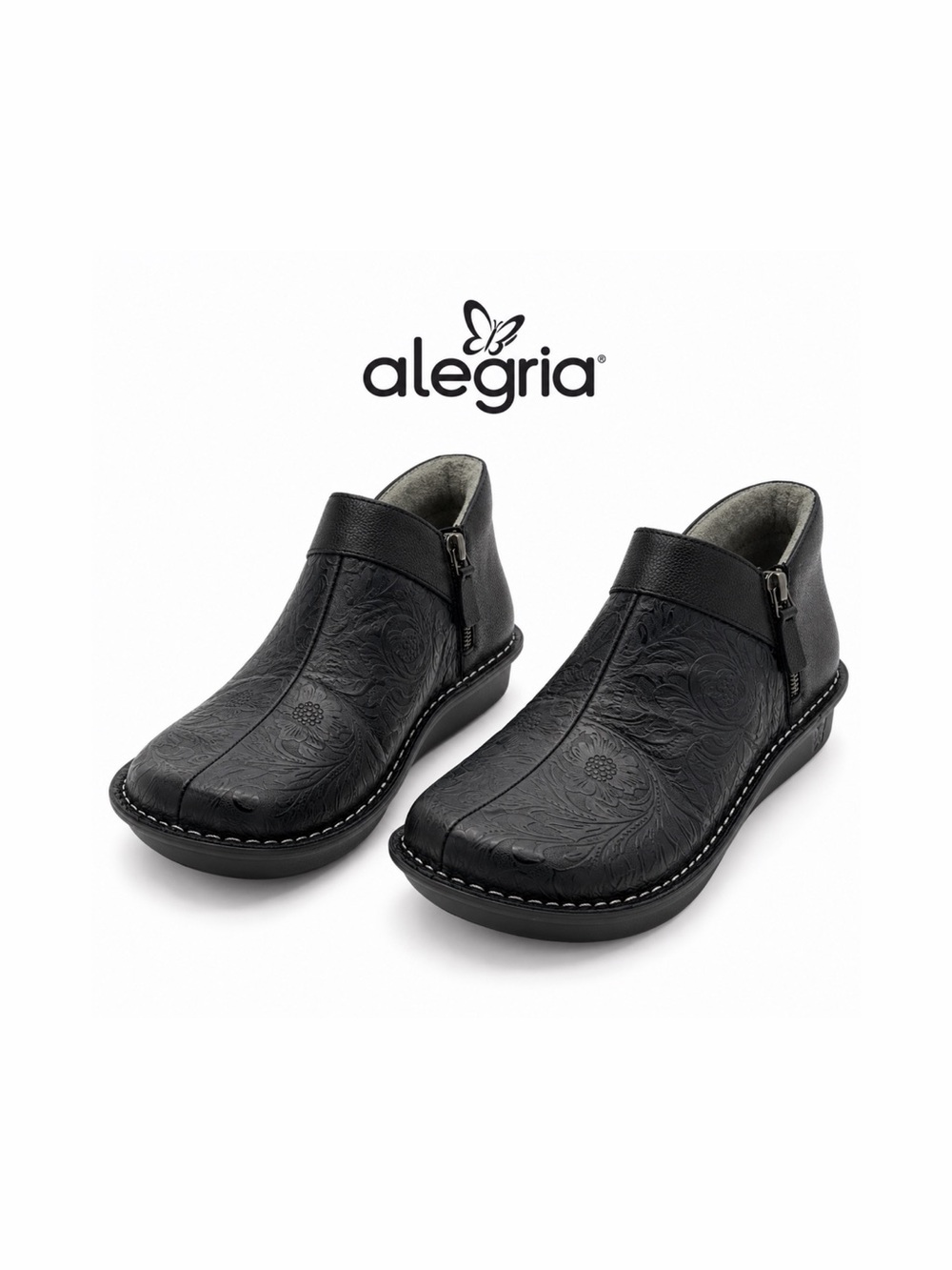 Alegria Black Floral-Embossed Patricia Leather Mule with Two Side Zippers